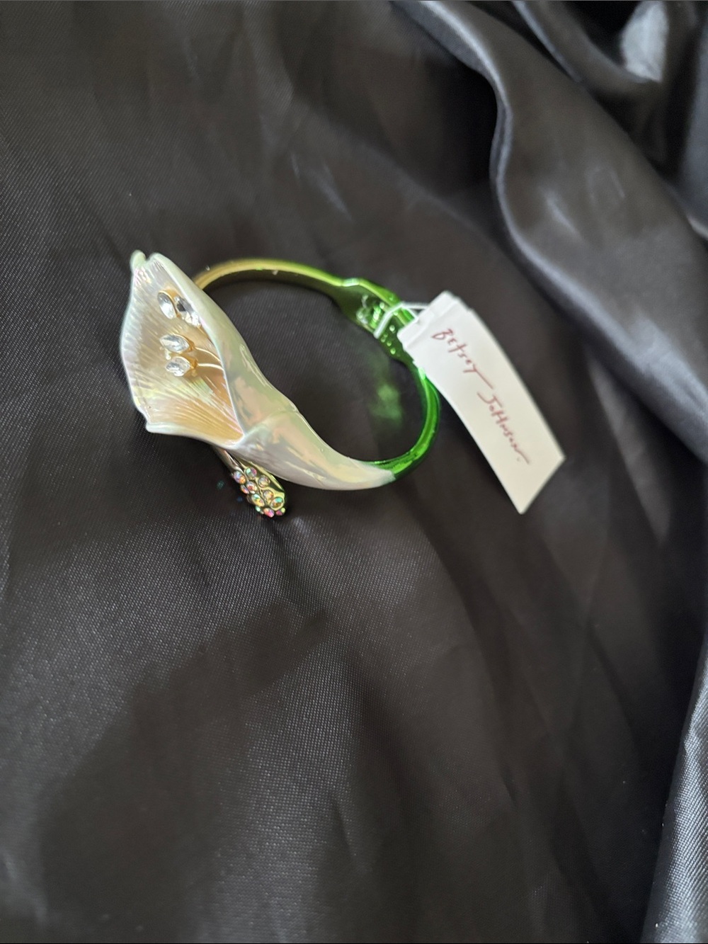 Betsey Johnson Green Enamel Calla Lily Bangle with Iridescent Pearl Accent